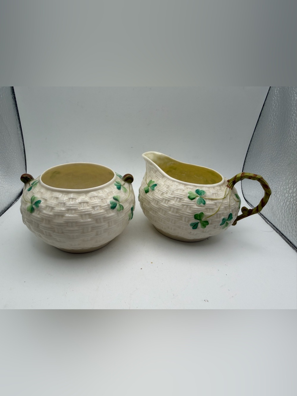 Vintage Belleek Basket Weave Shamrock Creamer & Sugar Set
